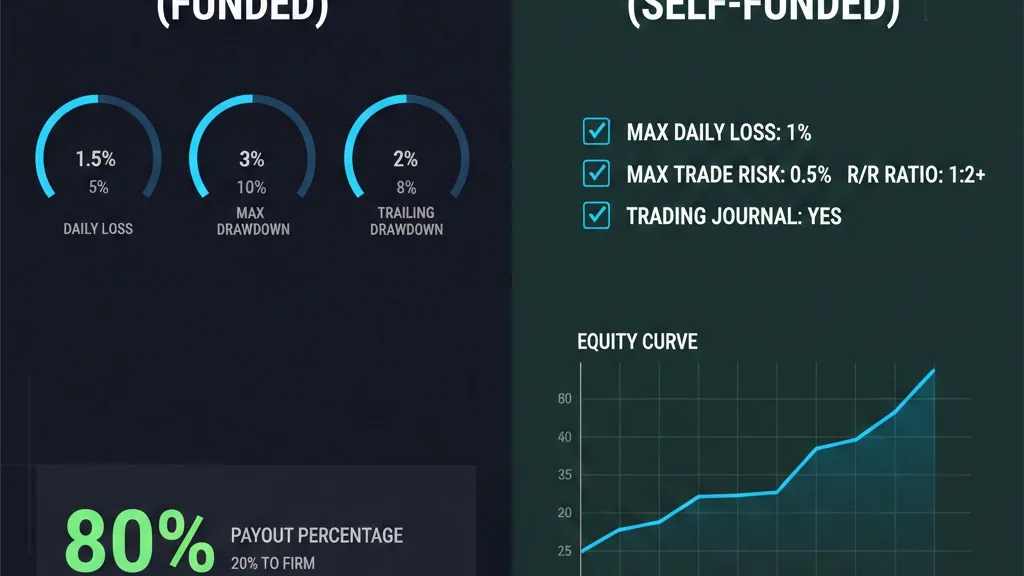 A split scene: left shows a 'Funded Account' dashboard with drawdown limits and profit split; right shows a 'Personal Account' dashboard with full control and a simple risk plan checklist.